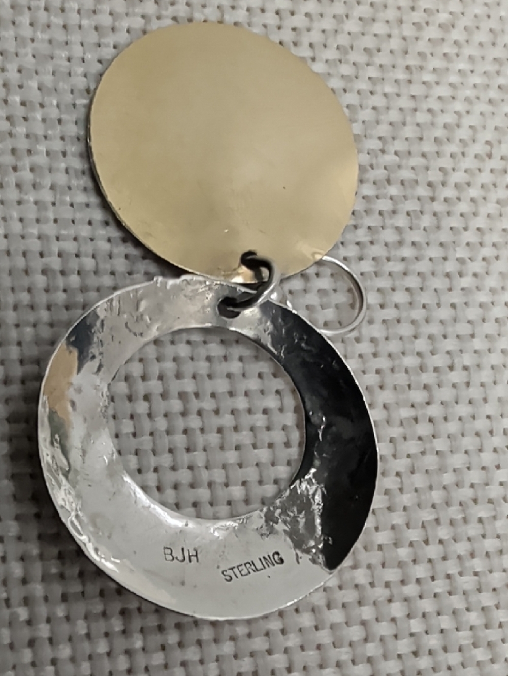Vintage Sterling Silver Two Tone Stamped Circle Disc Dangle Earrings Artisan - Picture 8 of 17